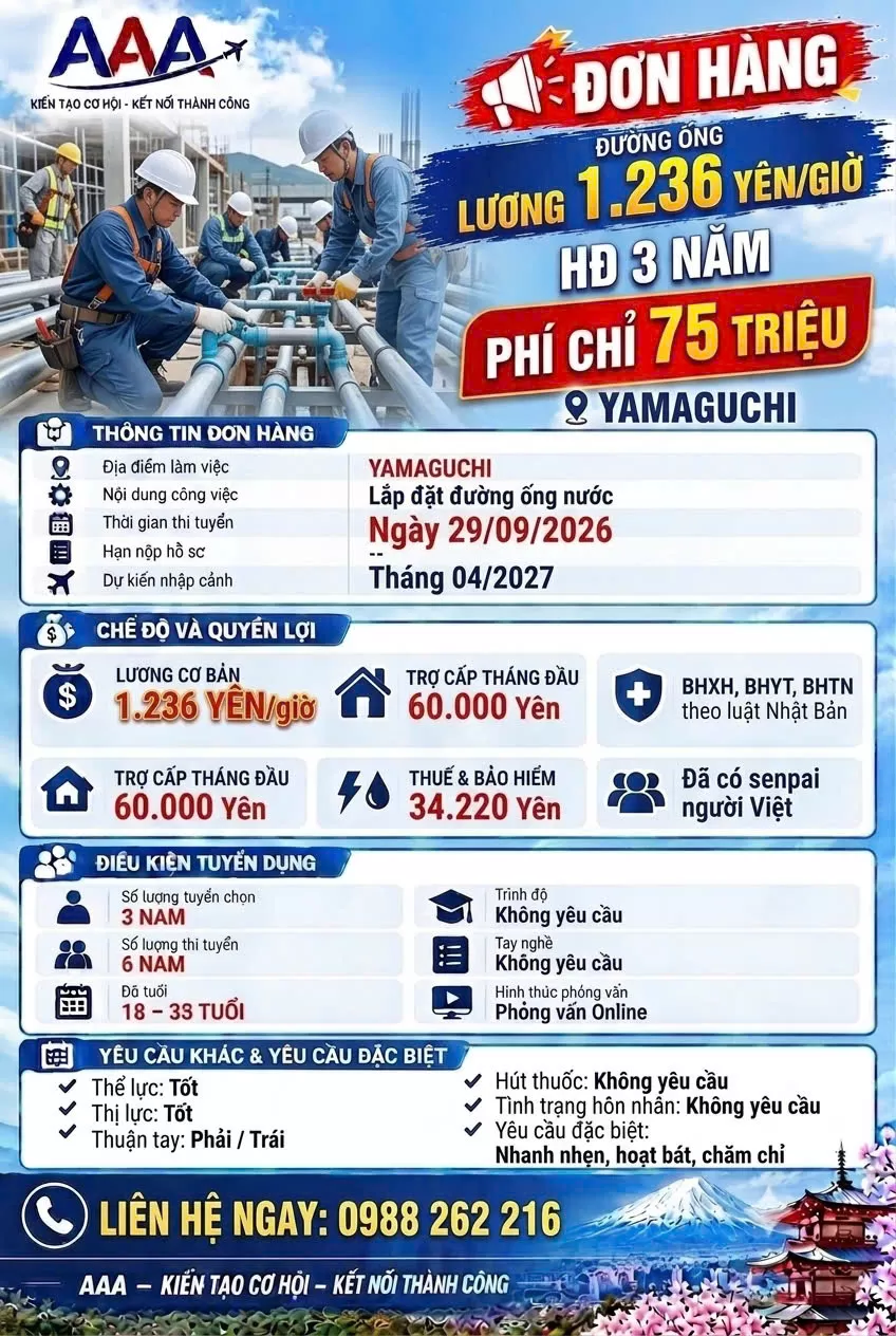 NAM LẮP ĐẶT ĐƯỜNG ỐNG NƯỚC TẠI YAMAGUCHI - PHÍ CHỈ 75 TRIỆU