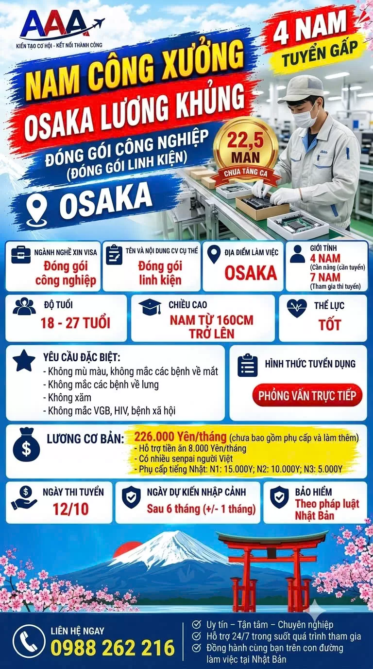 TUYỂN GẤP 4 NAM ĐÓNG GÓI LINH KIỆN - OSAKA LƯƠNG KHỦNG