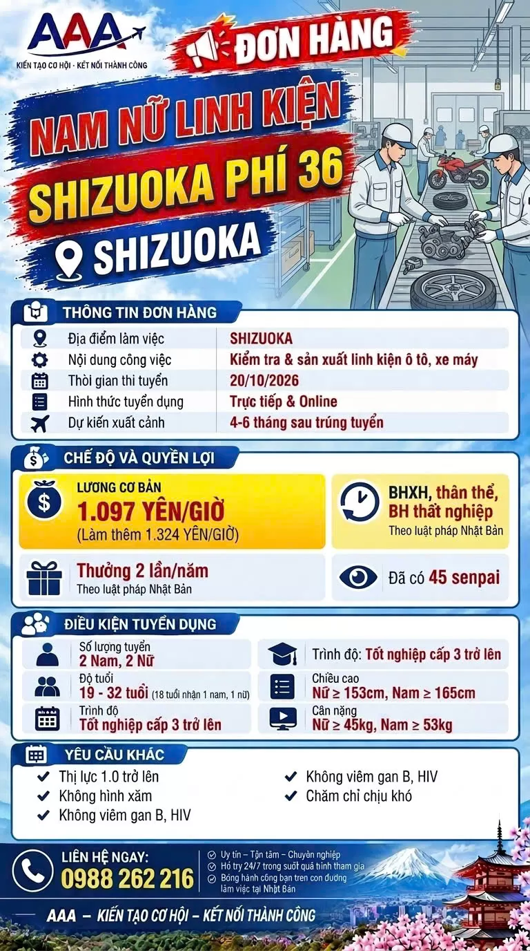 NHẬN CẢ NAM NỮ - PHÍ 36 - ĐƠN TRUYỀN THỐNG SHIZUOKA