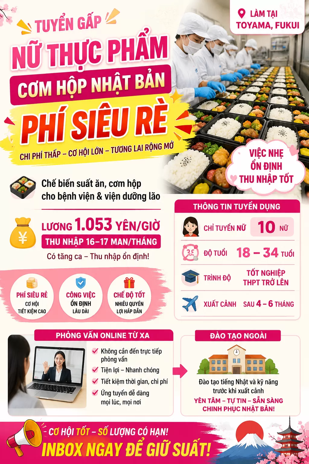 NỮ THỰC PHẨM – CƠM HỘP NHẬT BẢN  PHÍ SIÊU RẺ • PHỎNG VẤN ONLINE • ĐÀO TẠO NGOÀI